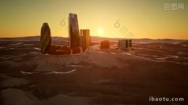 沙漠的摩天大楼在夕阳时